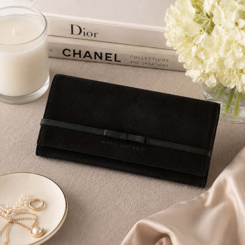 Marc Jacobs Black Suede and Leather Bow Clutch Wallet